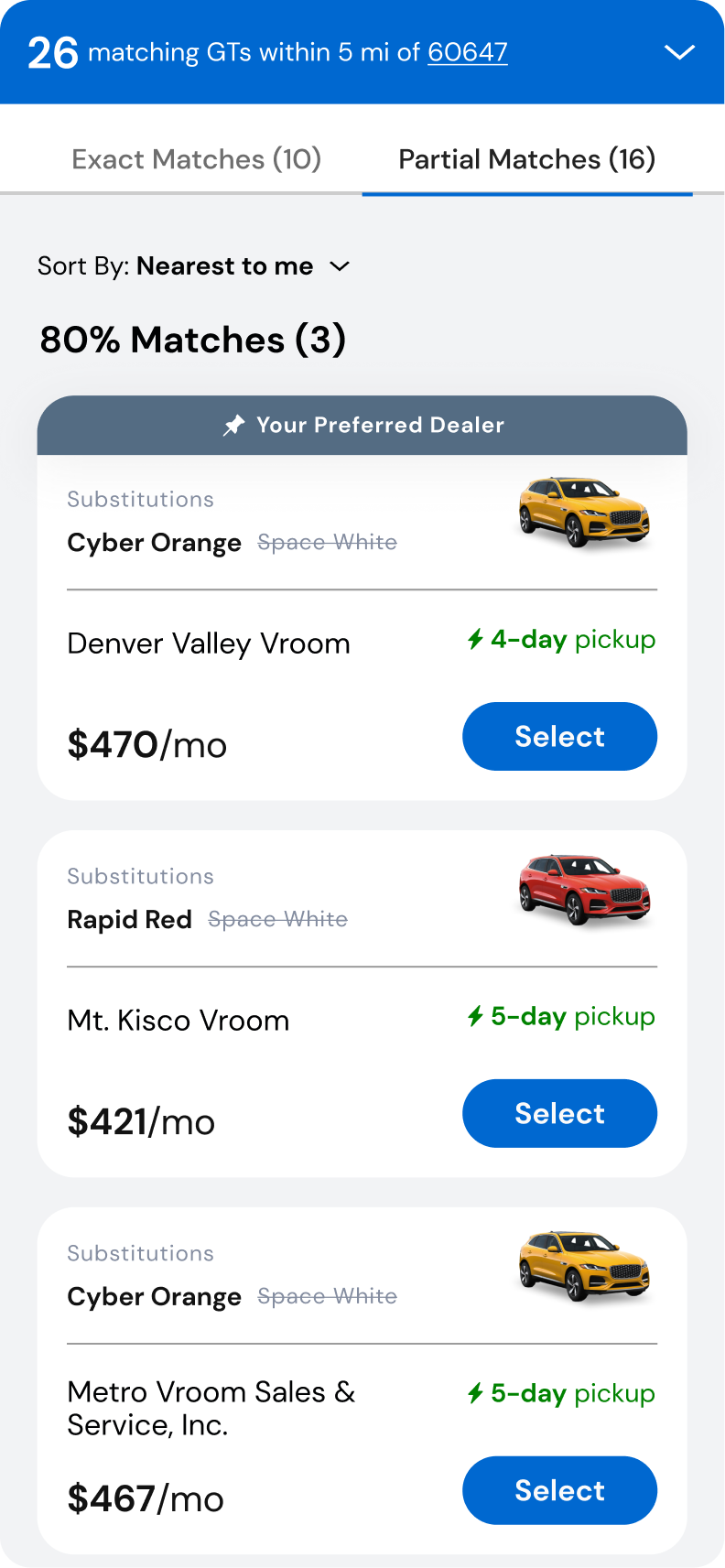 Partial Matches tab grouped under an 80% Matches heading: cards listing substitutions such as Cyber Orange replacing a struck-through Space White, with the vehicle rendered in the substituted color beside price and pickup time.
