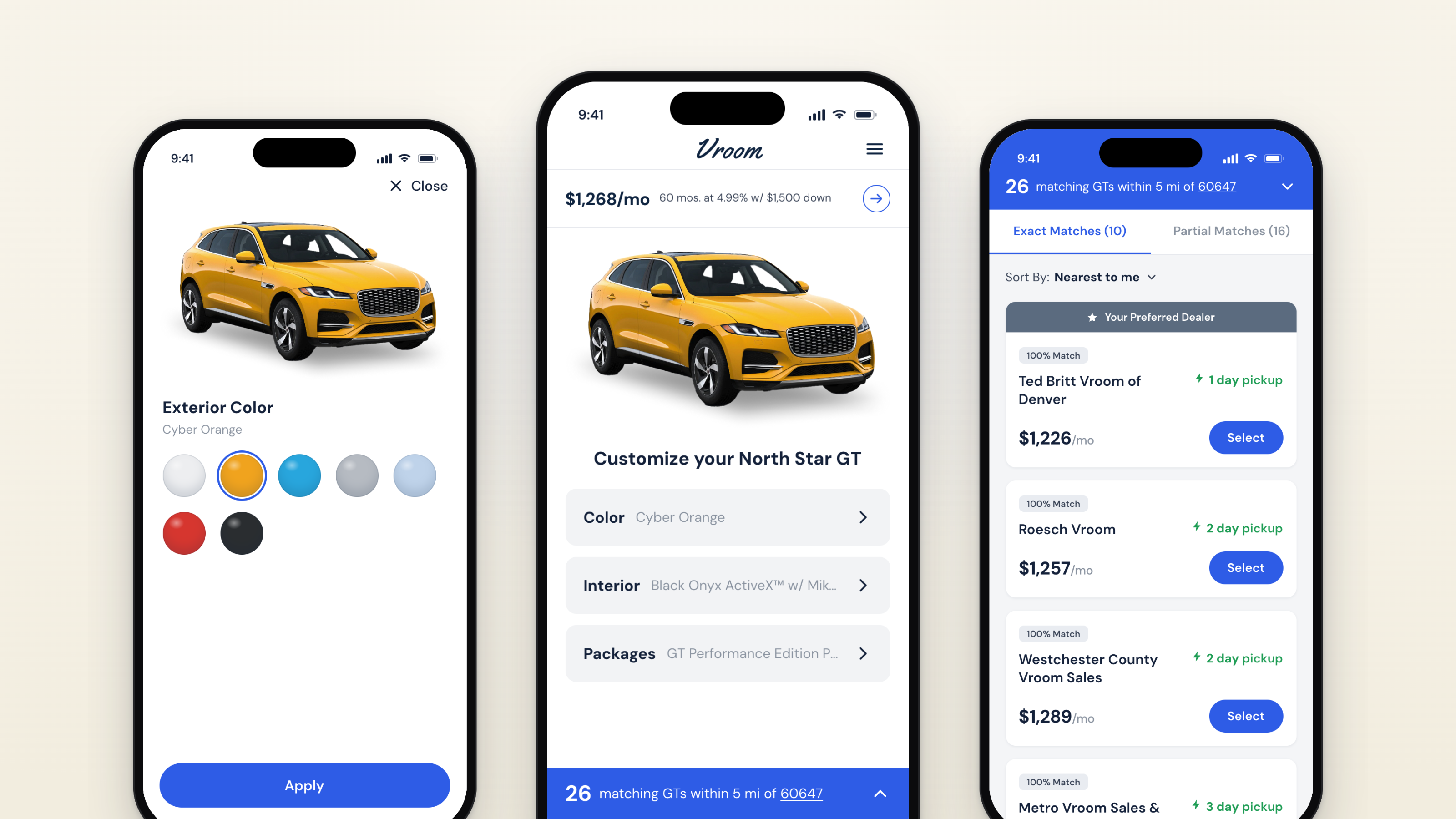 Vehicle Finder configuration hub shown across three phone screens: a Ford Mustang Mach-E rendered in Grabber Blue, an active exterior-color swatch picker, and a live counter of matching local inventory.