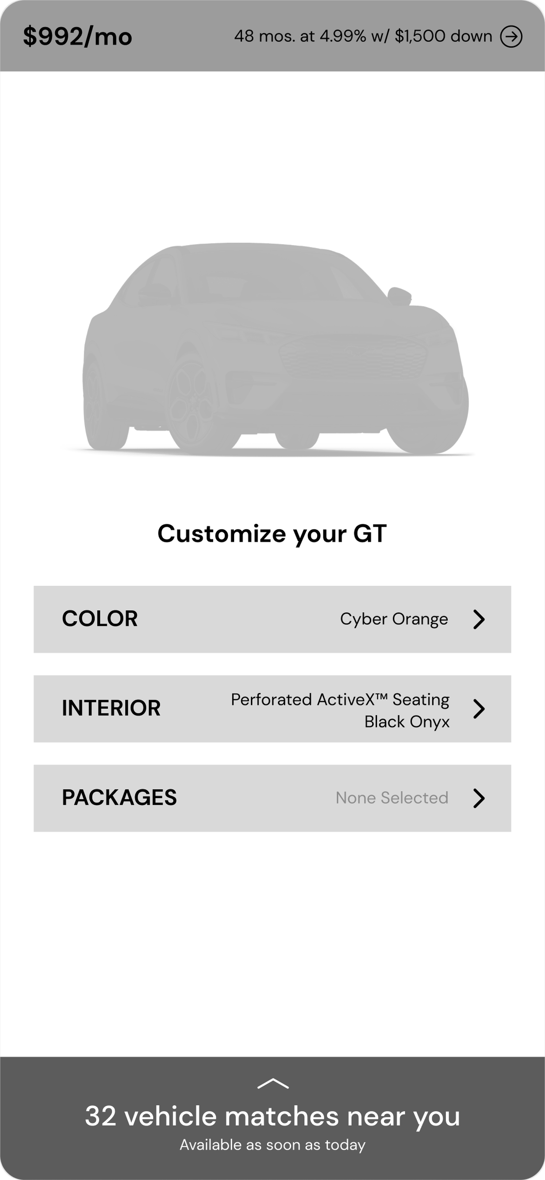 Hub & Spoke concept: a configuration hub showing the vehicle above Color, Interior, and Packages rows, with a persistent '32 vehicle matches near you' bar pinned to the bottom of the screen.