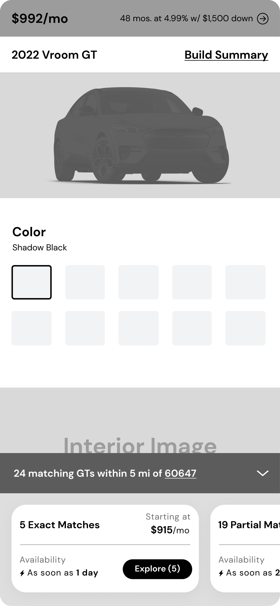 Single Page Scroll concept: the whole build on one scrollable page, with a '24 matching GTs within 5 mi' inventory drawer and Exact and Partial match cards at the bottom.