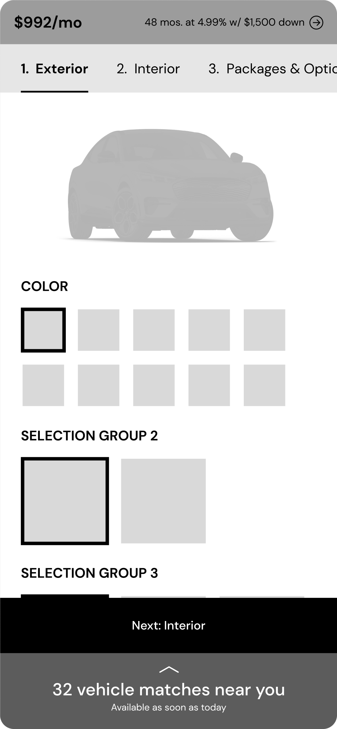 Stepped concept: numbered tabs for 1. Exterior, 2. Interior, and 3. Packages & Options, with swatch selection groups and a 'Next: Interior' button advancing the fixed sequence.