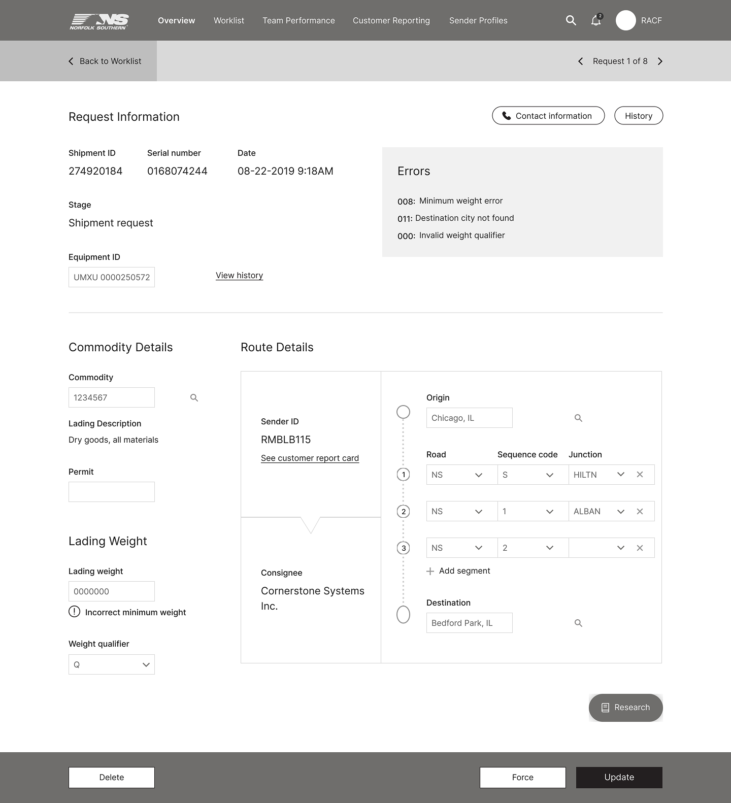 Shipment Entry Form wireframe