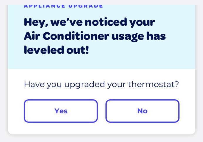 Peak Energy asking whether the household upgraded its thermostat after air-conditioner usage leveled out