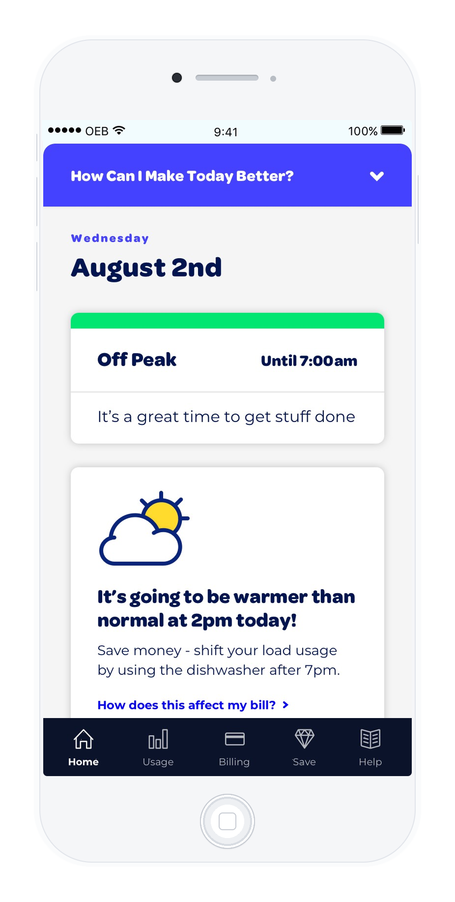 Today screen using the weather forecast and rate period to recommend running the dishwasher after 7pm